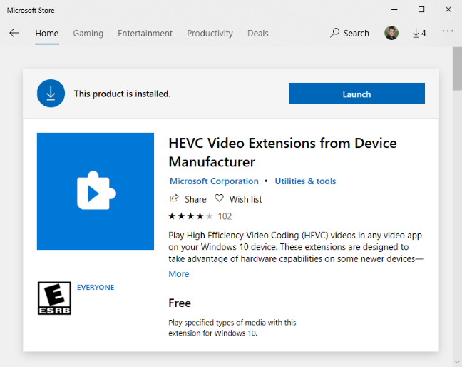 Free HEVC Video Extensions on the Microsoft Store.