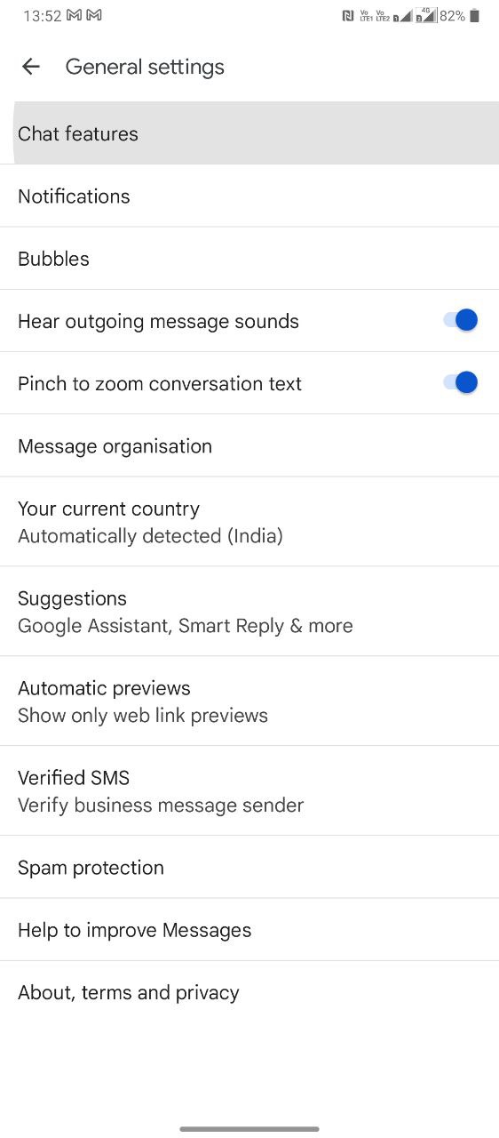google messages general menu screenshot