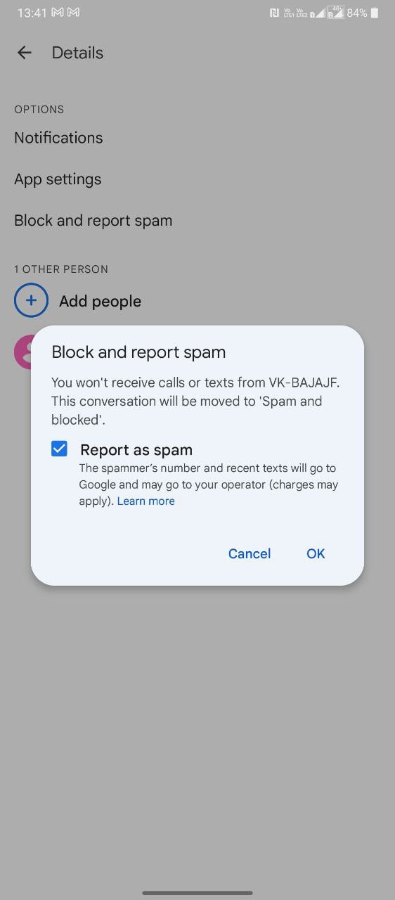 google messages report spam screenshot