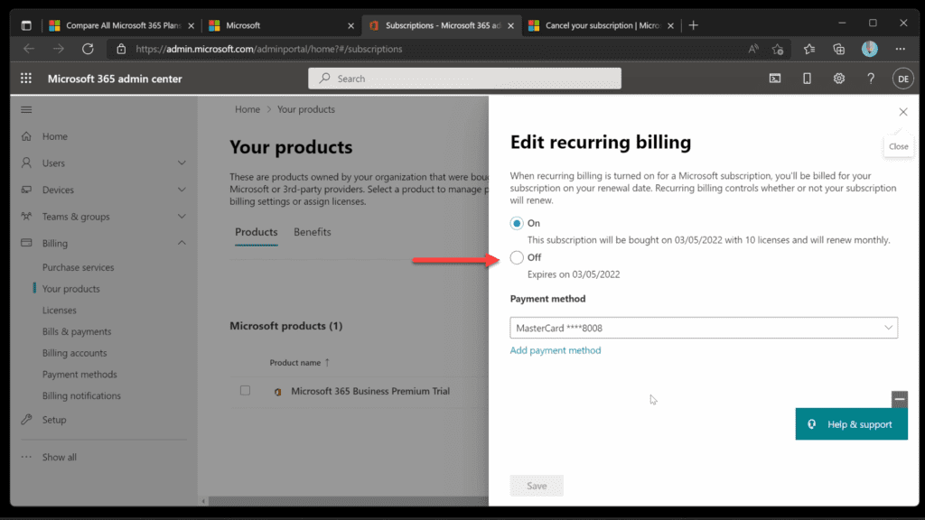 Toggle recurring billing to Off for your Microsoft 365 Business Premium subscription