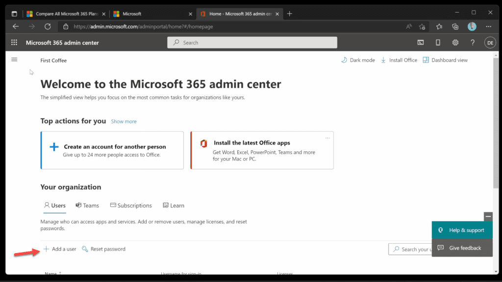 Add a user on the Microsoft 365 Admin Center