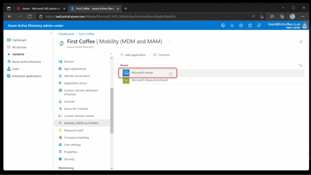 Choose Microsoft Intune in the Mobility (MDM and MAM) screen