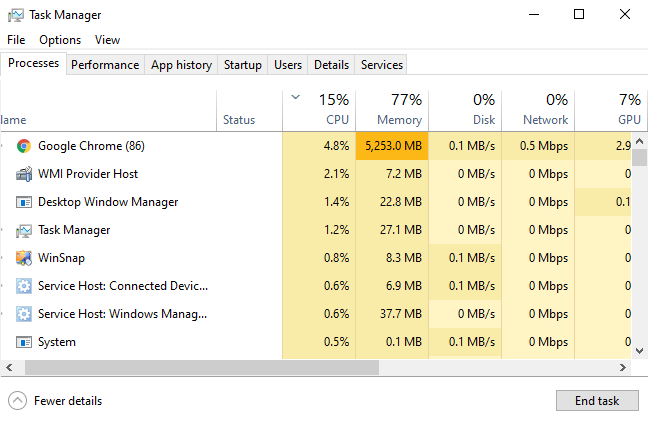 Windows 10's Task Manager showing running processes.