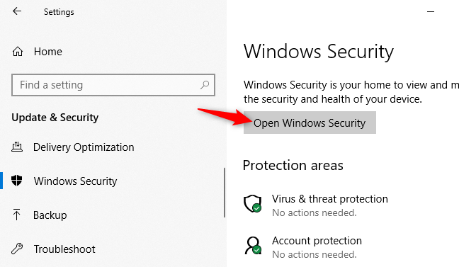 Opening the Windows Security application from Windows 10's Settings.