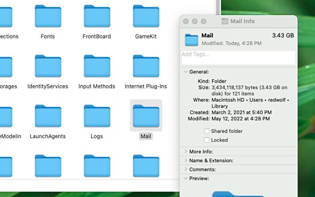 Checking your Mac's Mail library size in Finder.