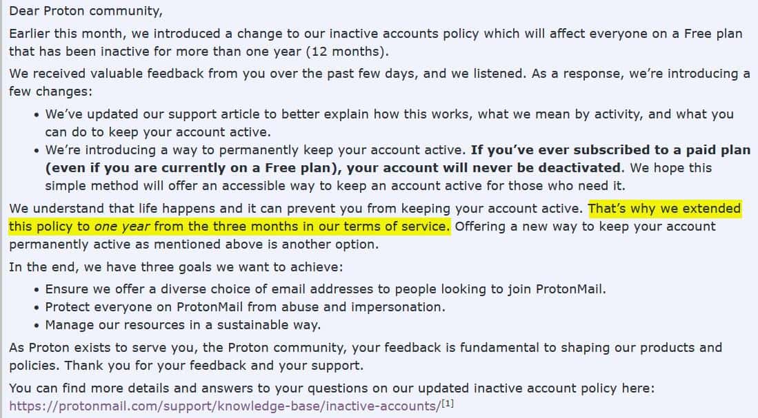 protonmail inactive account grace period