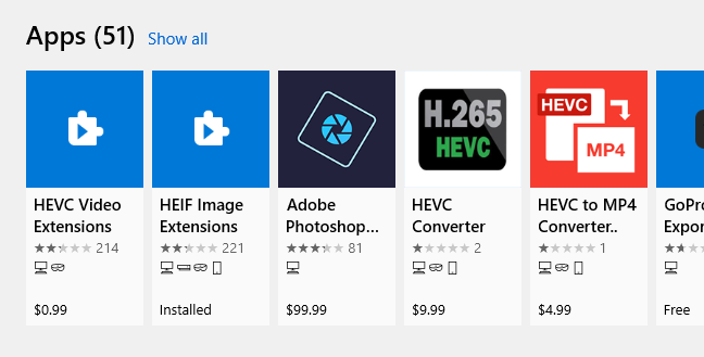 Search results for HEVC on Windows 10.