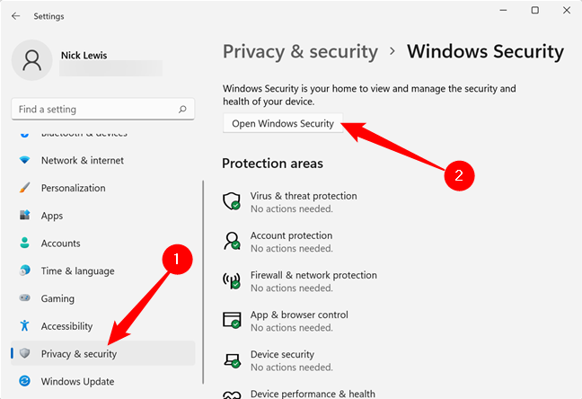 Select "Privacy and Security" and then "Open Windows Security."