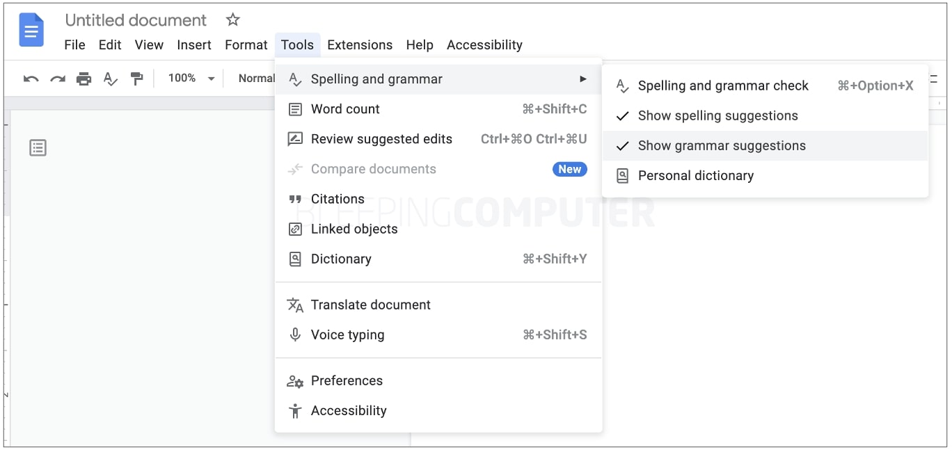 Google Docs grammar checking option