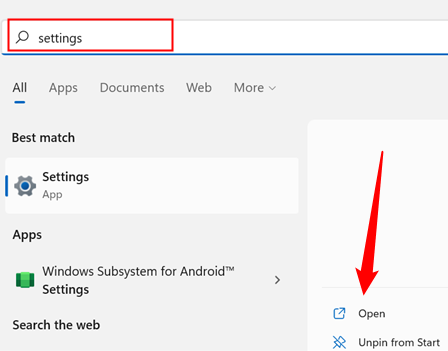 Enter "Settings" in the search bar, then hit Enter or click "Open."