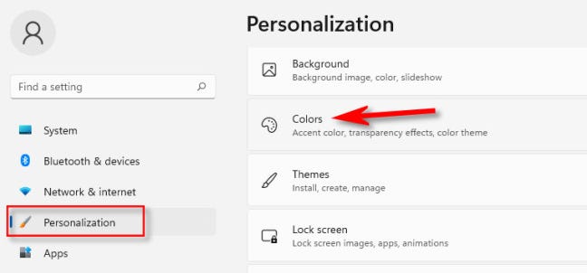 In Windows 11 Settings, select "Personalization" in the sidebar, then click "Colors."