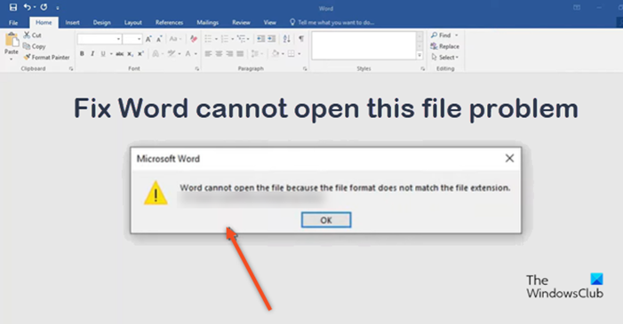 Word cannot open the file because the file format does not match the file extension