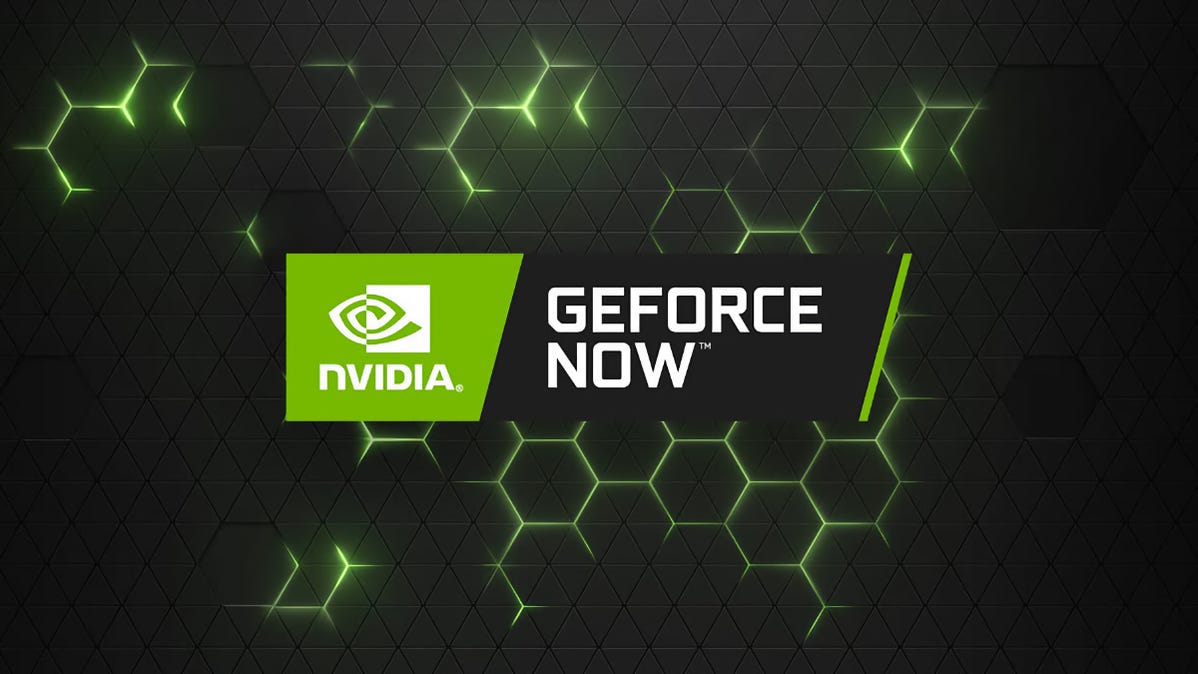 Logo GeForce Now na zelenem in sivem ozadju satja