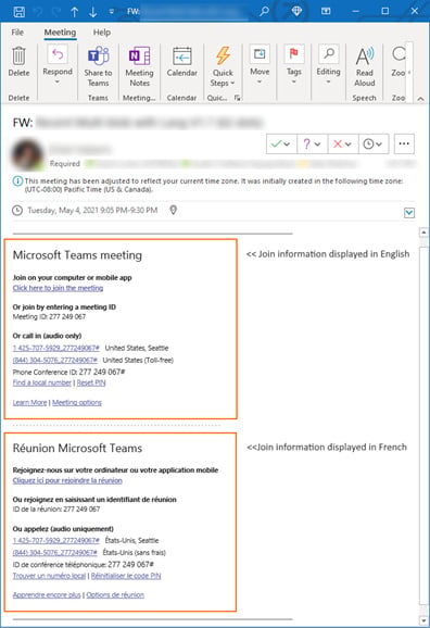 Microsoft TEams multi-languge meeting invite controls
