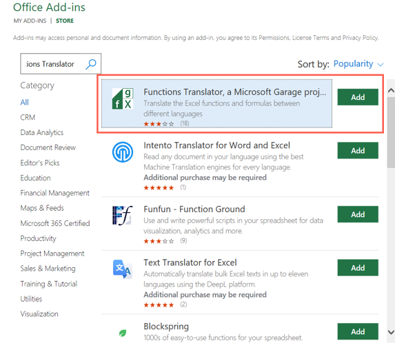 Functions Translator in the Microsoft add-in store