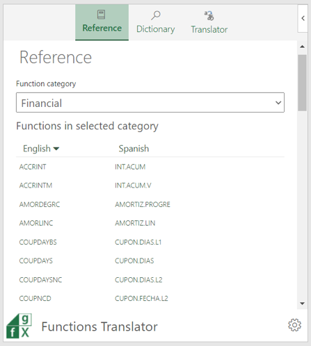 Browse functions on the Reference tab