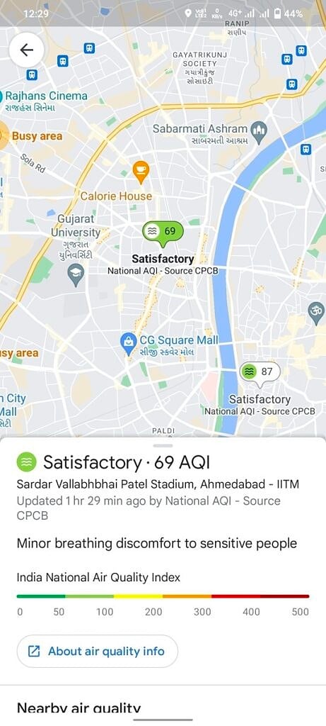 Google Maps showing air quality data for a location
