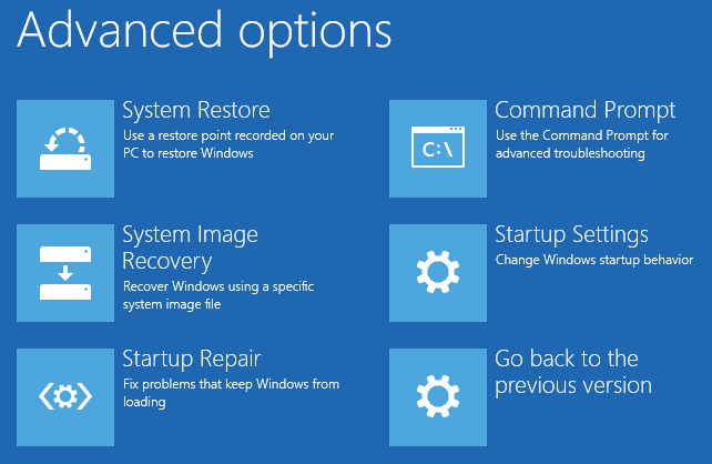 The Advanced Options menu on Windows 10. 
