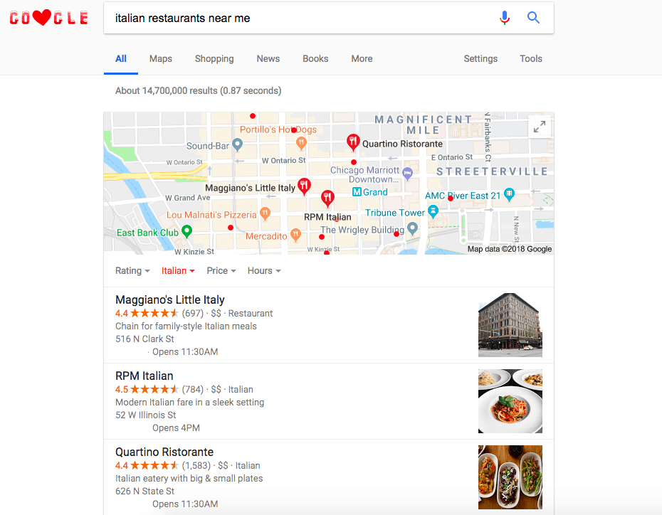 Local SEO tips: add location to your website restaurant example