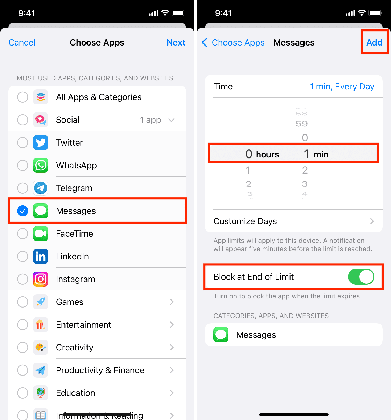 Add one minute limit for Messages app on iPhone