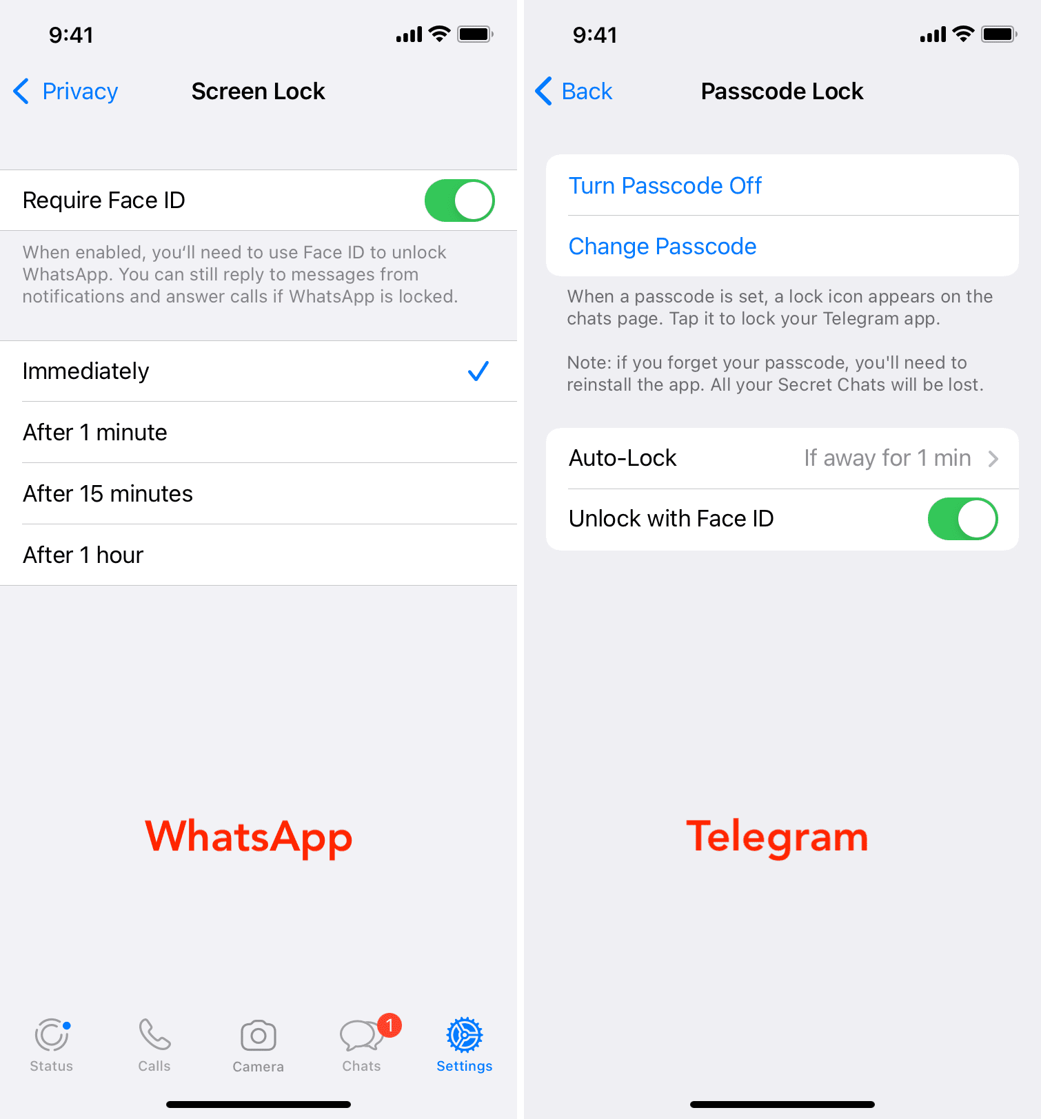 App lock settings on WhatsApp and Telegram on iPhone