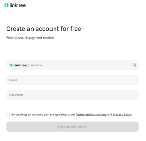 linktree account creation page