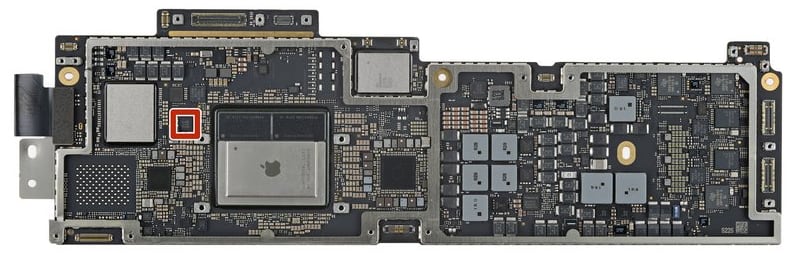 The M2 MacBook Air logic board with an accelerometer sensor highlighted in red