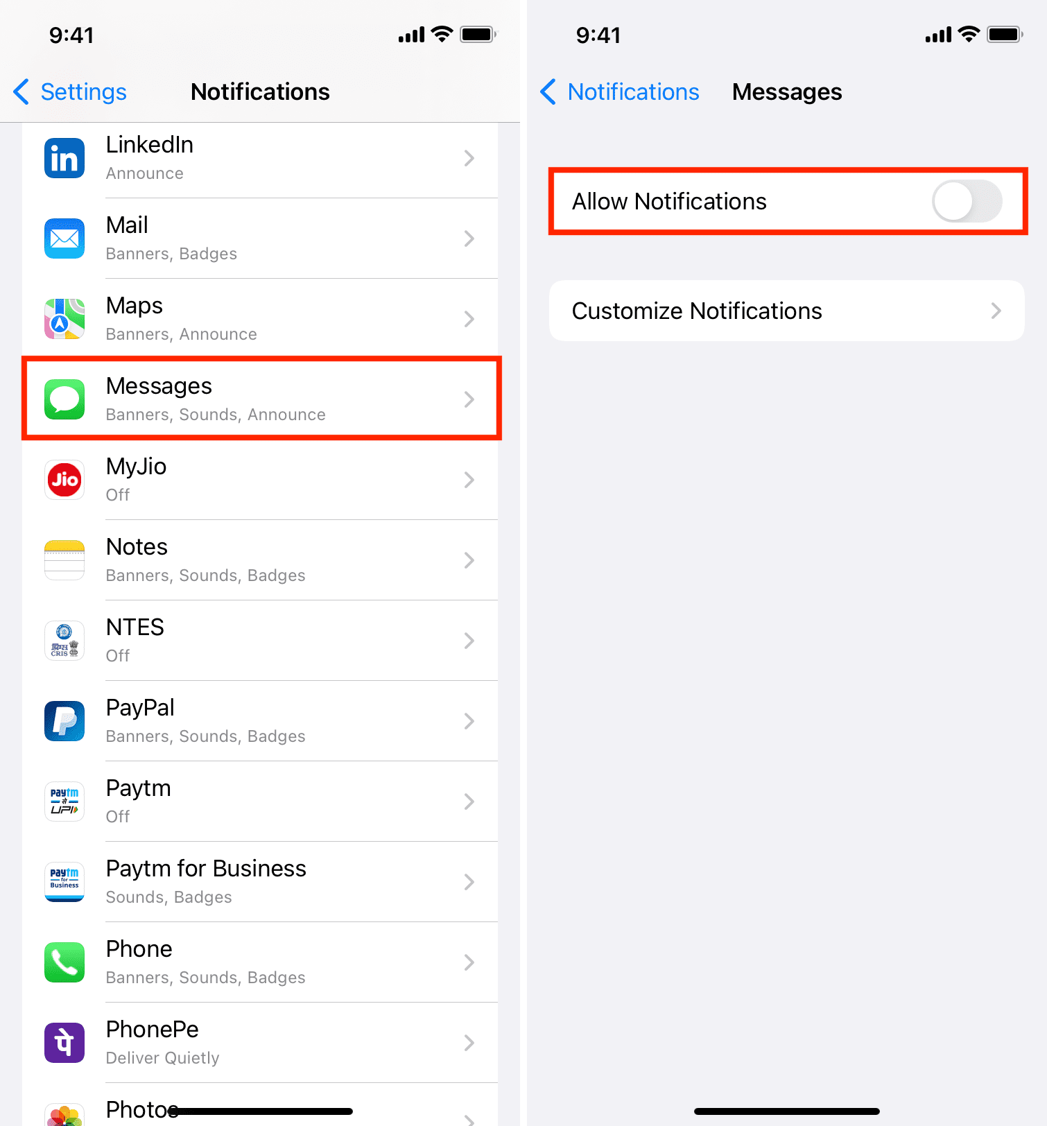 Turn off all Messages notifications on iPhone