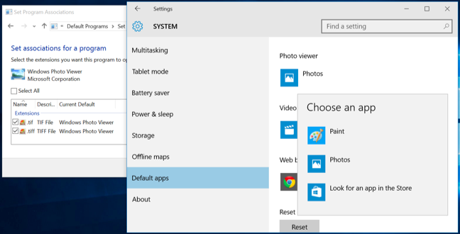 The "Default Apps" window in the Settings app won't display Windows Photo Viewer by default. 