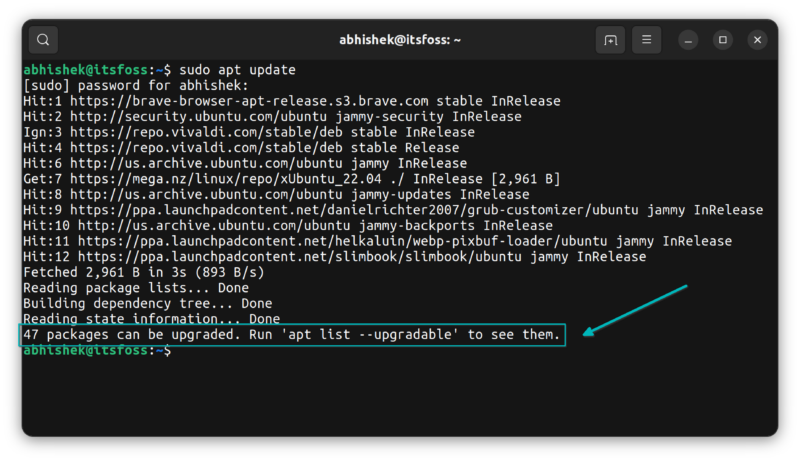 The apt command shows the number of upgradable packages at the bottom of the apt update command output