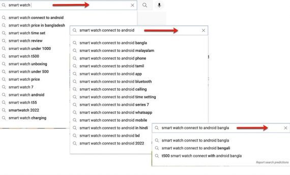 Screenshot of YouTube's autocomplete for "smart watch"