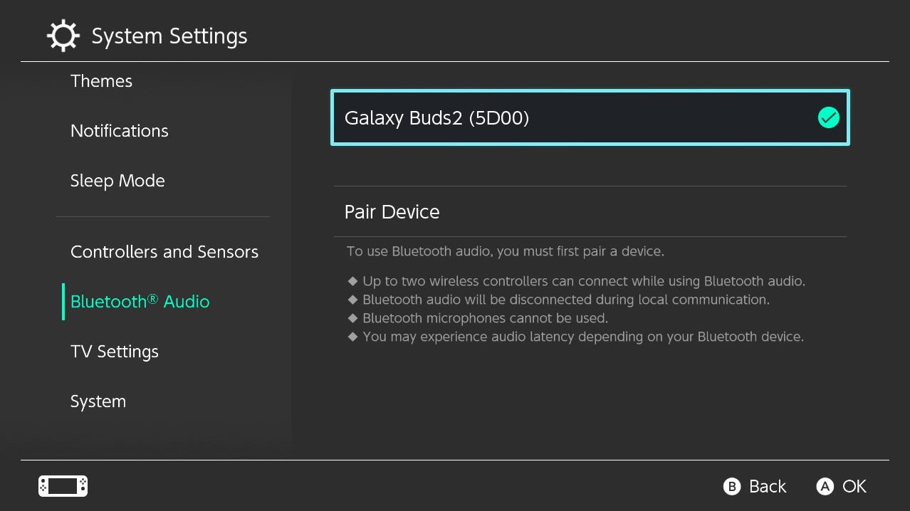 Settings page showing Bluetooth connection to Galaxy Buds2