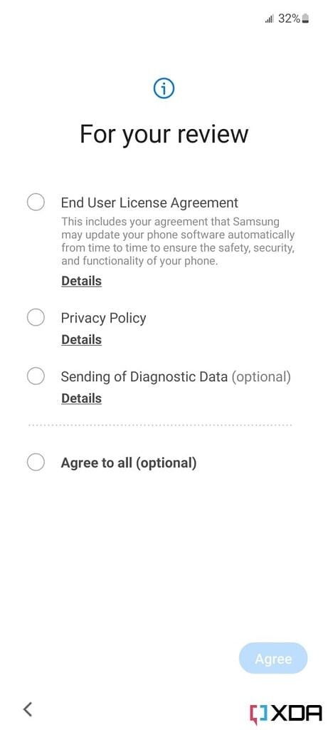 Screenshot of the privacy policy and End User License Agreement screen on the Galaxy A53