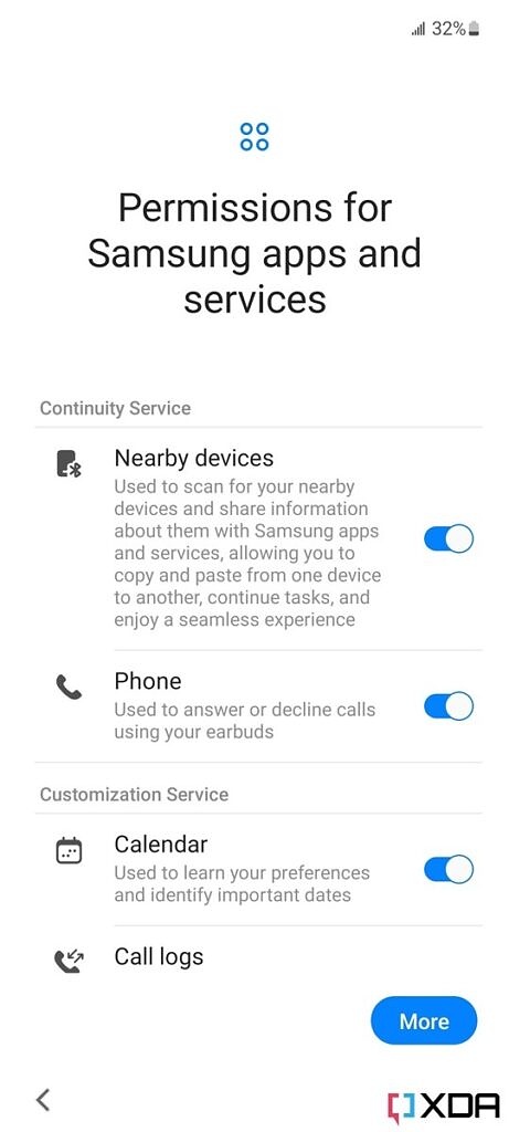 Screenshot of Galaxy A53 set up wizard: Permissions for Samsung apps and services