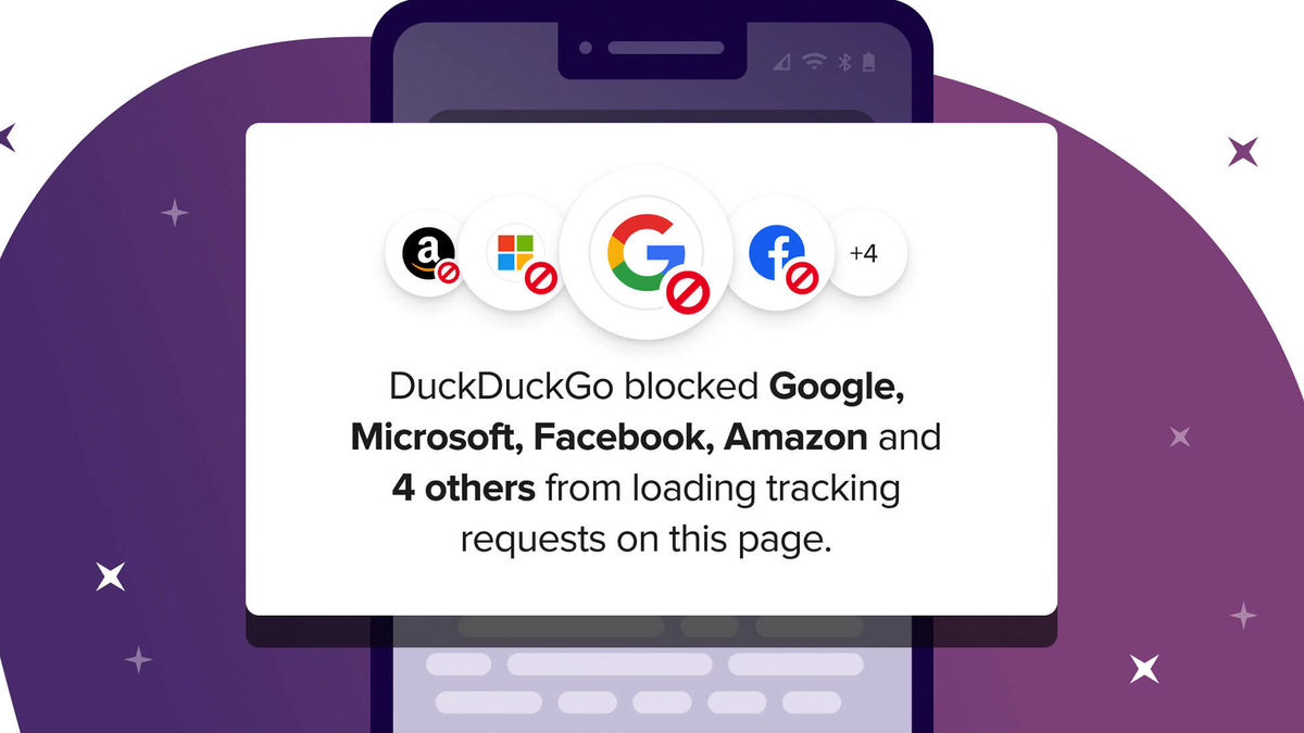 Bänner, mis näitab, et DuckDuckGo blokeeris Google'i, Microsofti, Facebooki ja Amazoni jälgijad.