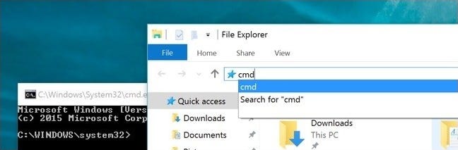 Type "cmd" into the address bar in File Explorer to launch a Command Prompt with the path set to that folder. 