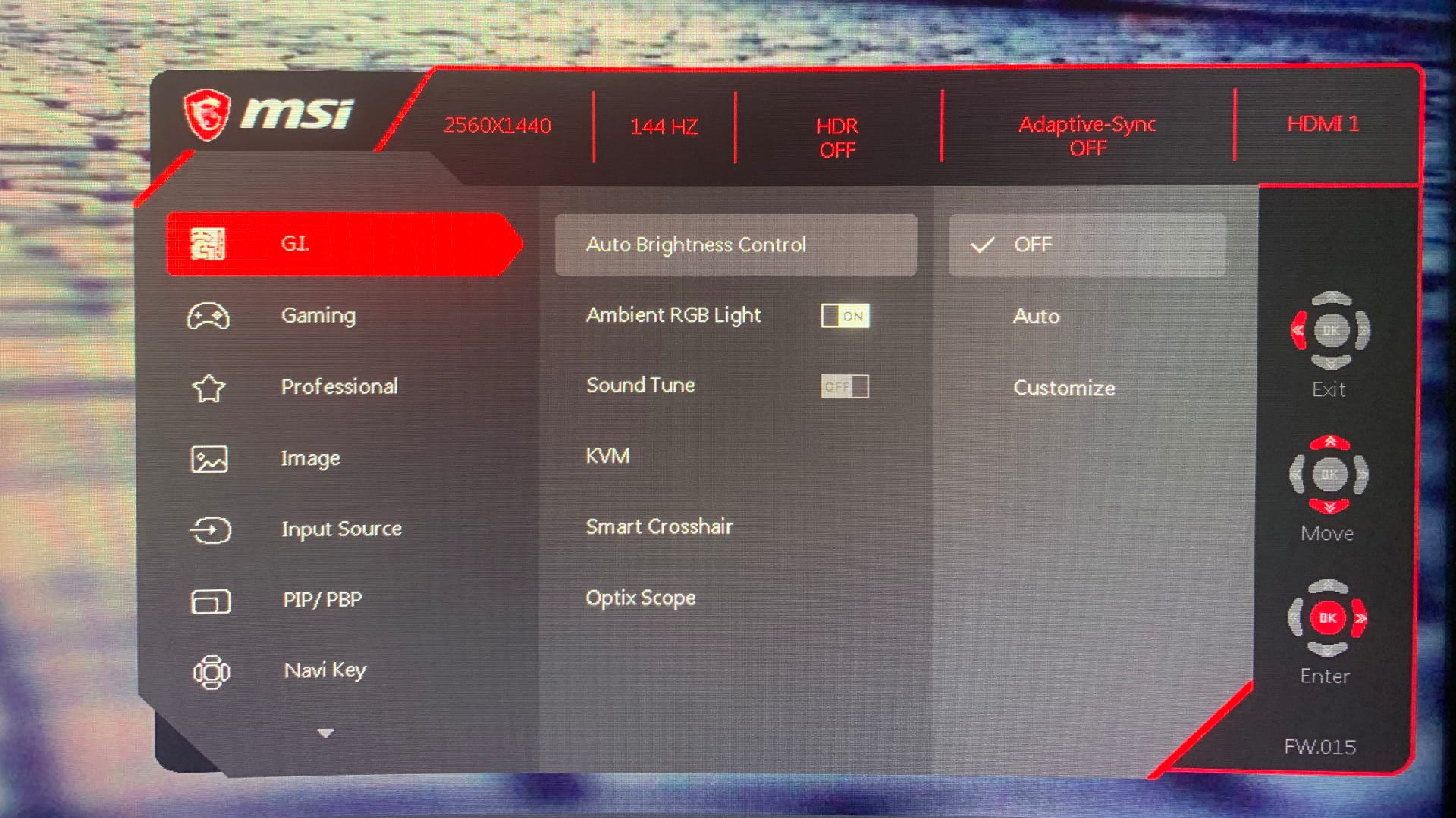MSI monitor customization options for MPG ARTYMIS 273CQR