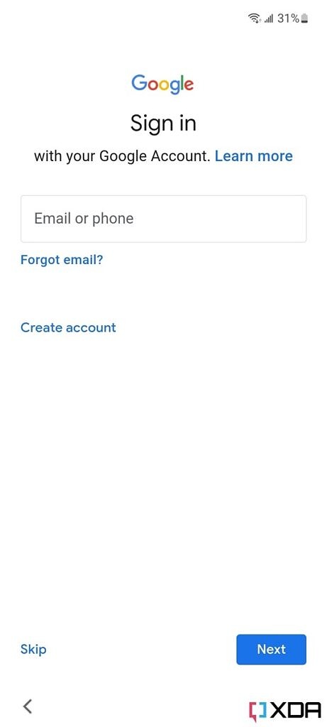 Screenshot from Galaxy A53 set up wizard: Sign in with your Google account