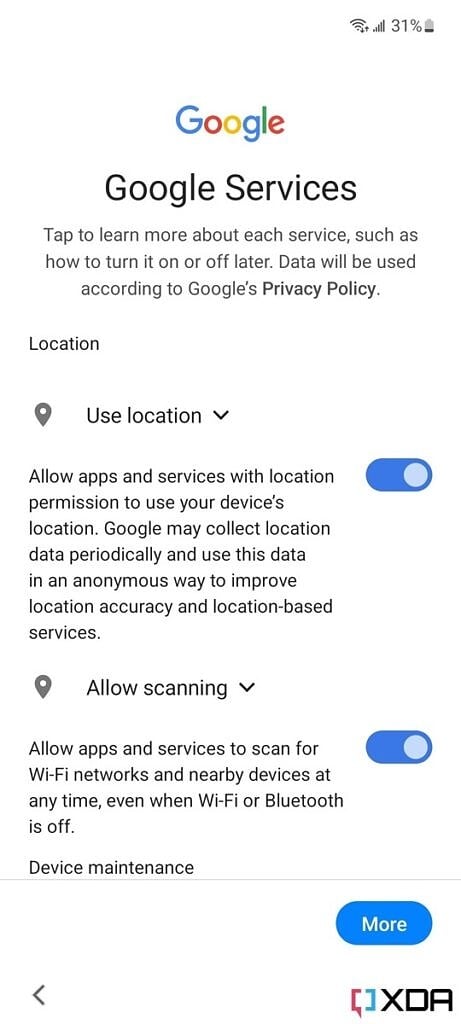Screenshot from Galaxy A53 set up wizard: review Google Services