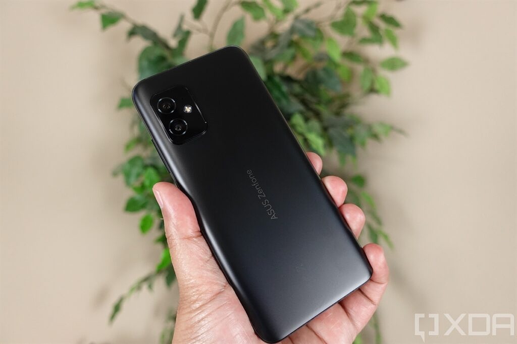 ASUS ZenFone 8 held up with a plant in the background
