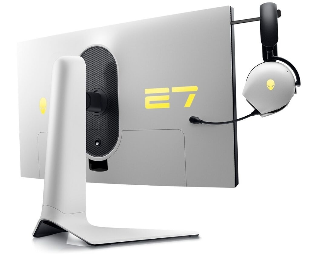Rear view of the Alienware 27 monitor with the headphone stand deplyed and holding a pair of headphones