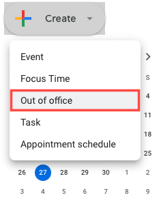 Out of Office in the Create menu