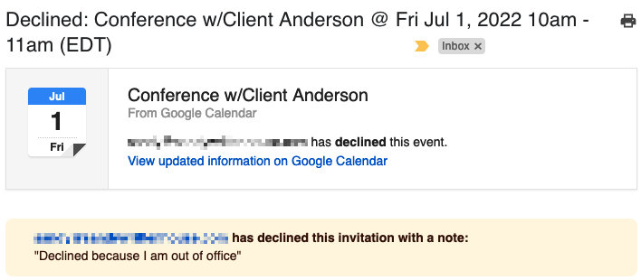 Declined meeting email