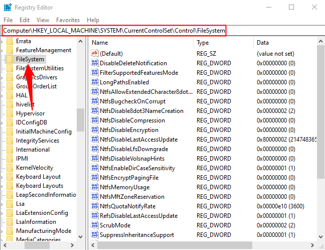 Navigate to "FileSystem" in the Windows Registry. 