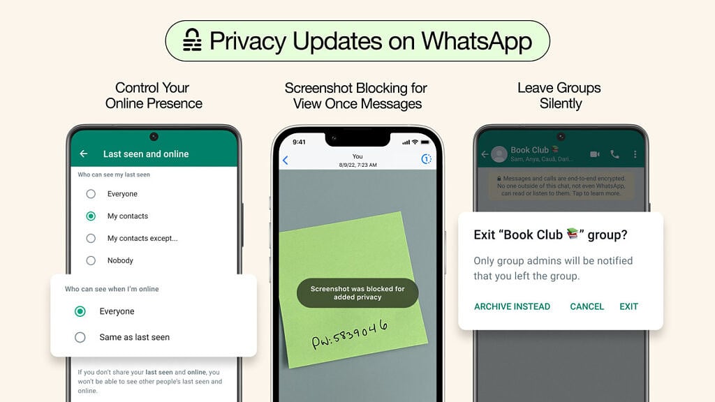 Graphic illustrating upcoming privacy features in WhatsApp.