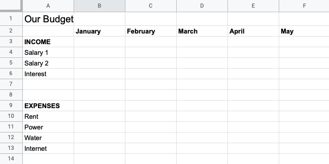 Income, expenses, and months in a sheet