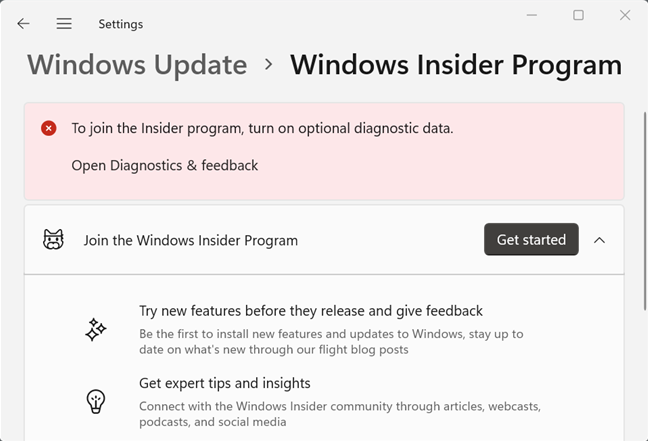 The Windows Insider Preview window displaiyng an error message. You cannot join the Windows Insider Program with optional telemtry disabled.