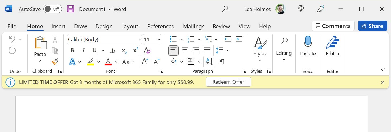 Microsoft 365 Family ad in Office 2021