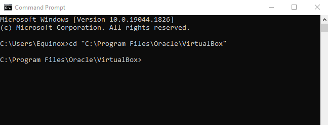 Command Prompt with "cd" command setting directory to the Virtualbox folder. 