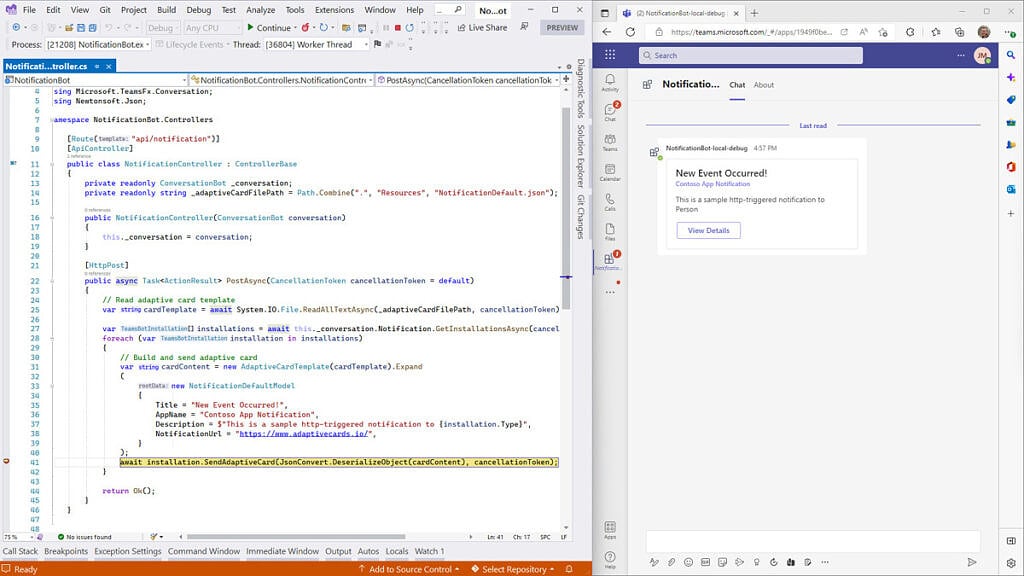 Screenshot of Visual Studio 2022 17.3 dside-by-side with a preview of a Teams app being developed